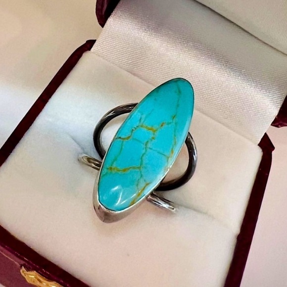Vintage Handmade Huge Genuine Turquoise Ring 925 Sterling Silver Bezel Set - Picture 2 of 15